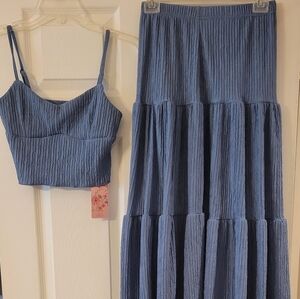 SHEIN Dusty Blue Textured Crop Top & Tiered Maxi Skirt Set